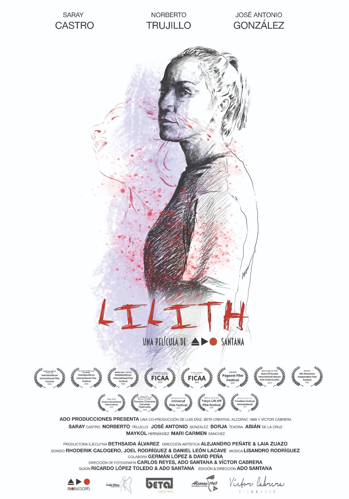 Ilustración del cartel de Lilith: retrato a lápiz de una mujer con manchas rojas, el título LILITH y «Una película de Ado Santana»